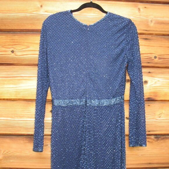 Mac Duggal 5056 Womens Blue BEADED HIGH NECK LONG SLEEVE GOWN WITH DETAILED BELT - Picture 12 of 15